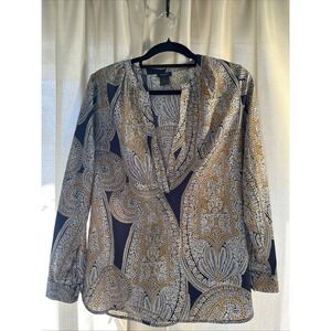 Anne Taylor V neck Long Sleeve top Paisley Black Tan Gold‎ Sz Small